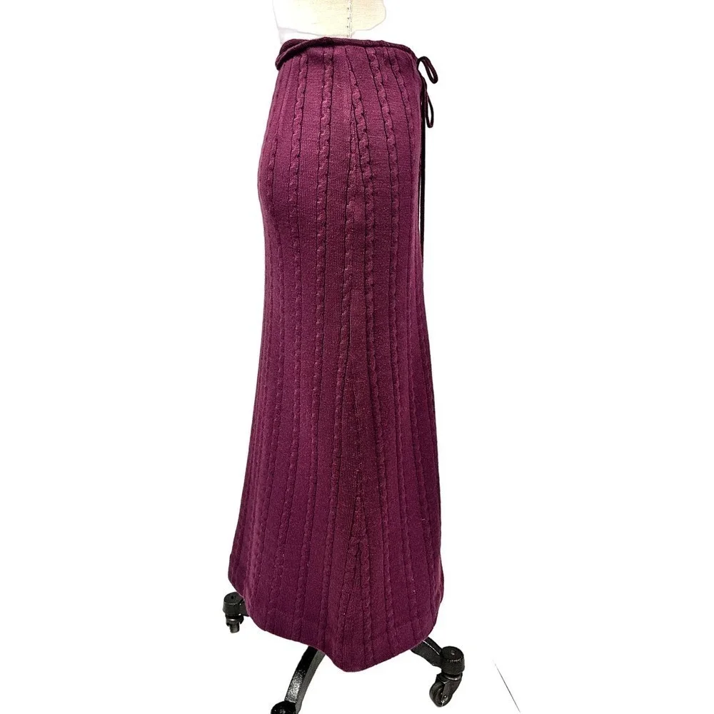 70s VTG Lace Up Front Cable Knit Sweater Skirt Plum Ankle Length Sz S/M